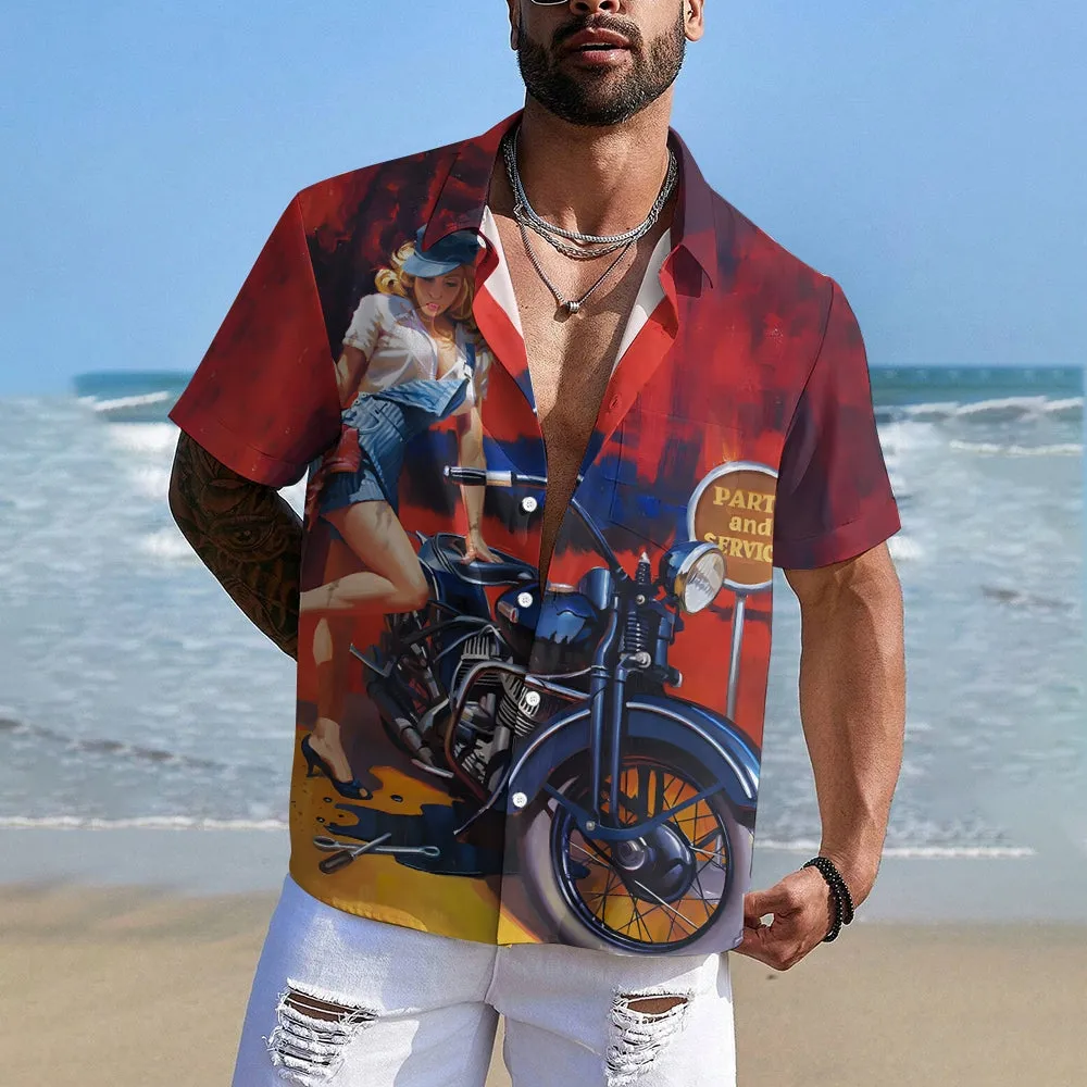 Men's Motorcycle Beauty Print Large Size Short Sleeve Shirt 2406001751