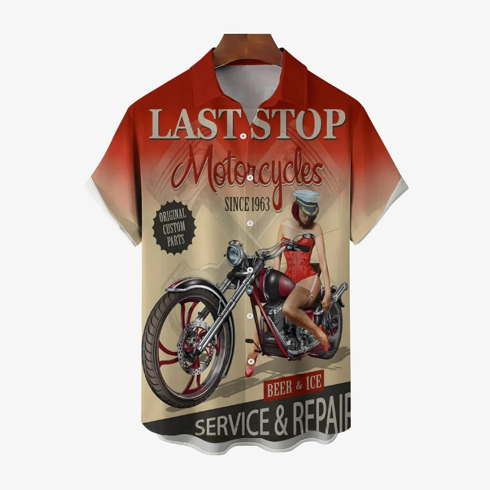 Men's Motorcycle Beauty Print Large Size Short Sleeve Shirt 2406001751
