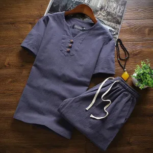 Men's Summer Three Button Chinese Linen Casual Short Sleeve T-Shirt Set