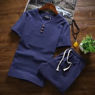 Men's Summer Three Button Chinese Linen Casual Short Sleeve T-Shirt Set