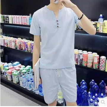 Men's Summer Three Button Chinese Linen Casual Short Sleeve T-Shirt Set