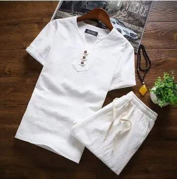 Men's Summer Three Button Chinese Linen Casual Short Sleeve T-Shirt Set