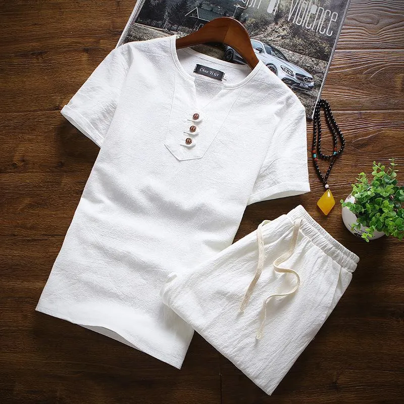 Men's Summer Three Button Chinese Linen Casual Short Sleeve T-Shirt Set