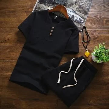Men's Summer Three Button Chinese Linen Casual Short Sleeve T-Shirt Set