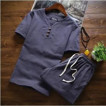 Men's Summer Three Button Chinese Linen Casual Short Sleeve T-Shirt Set