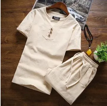 Men's Summer Three Button Chinese Linen Casual Short Sleeve T-Shirt Set