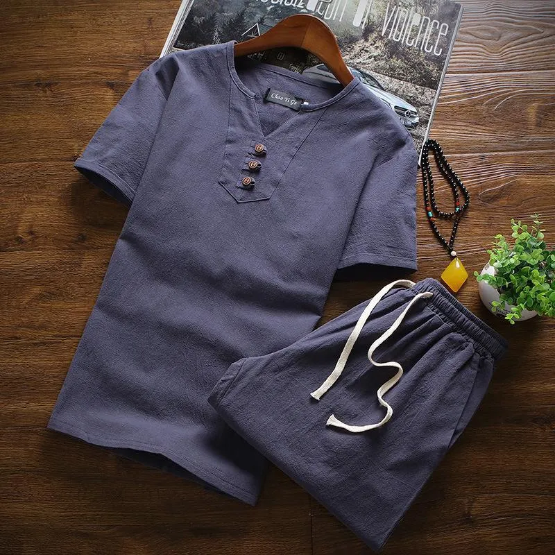 Men's Summer Three Button Chinese Linen Casual Short Sleeve T-Shirt Set