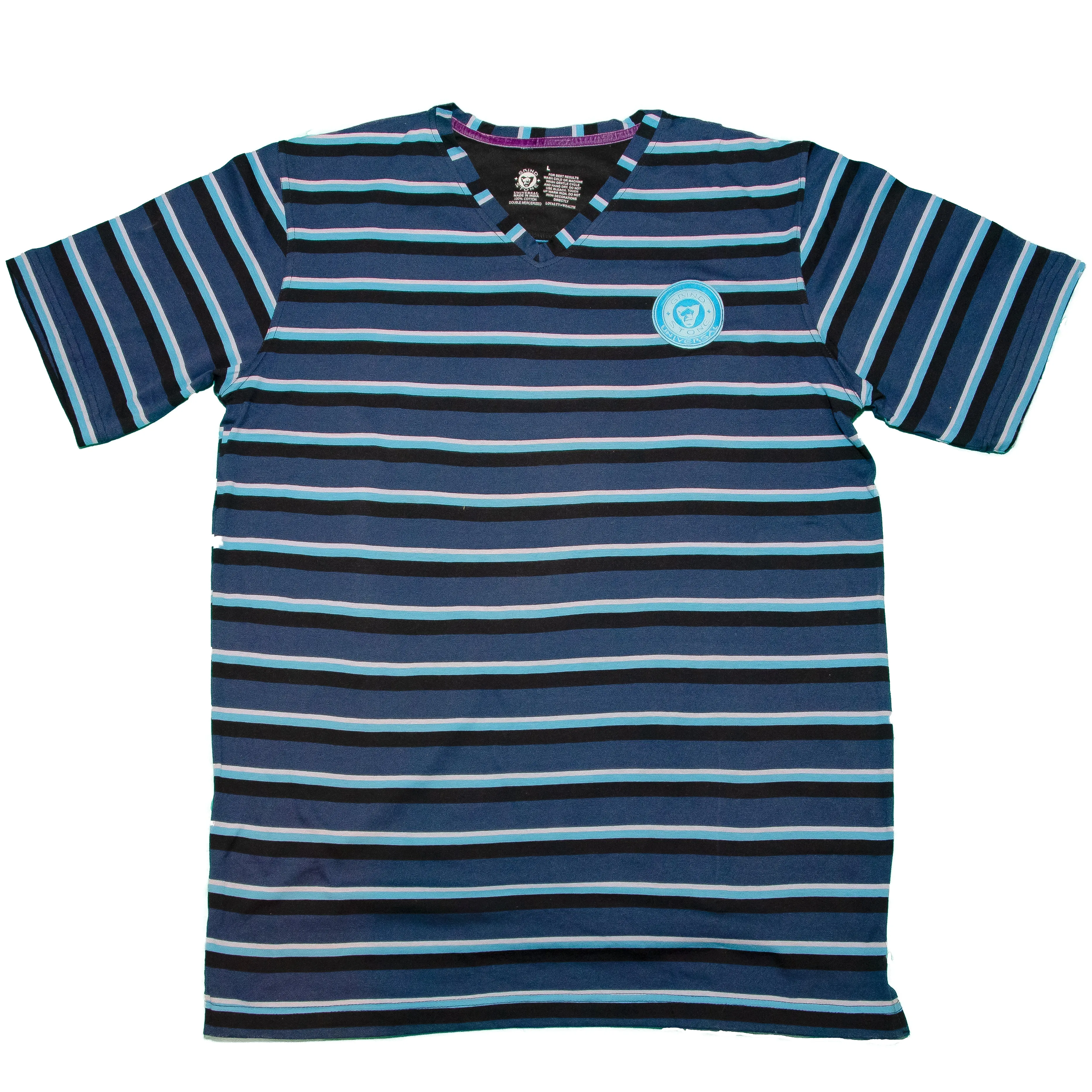 Mercerized Men's V-Neck Tee : Blue Multi-color Stripe