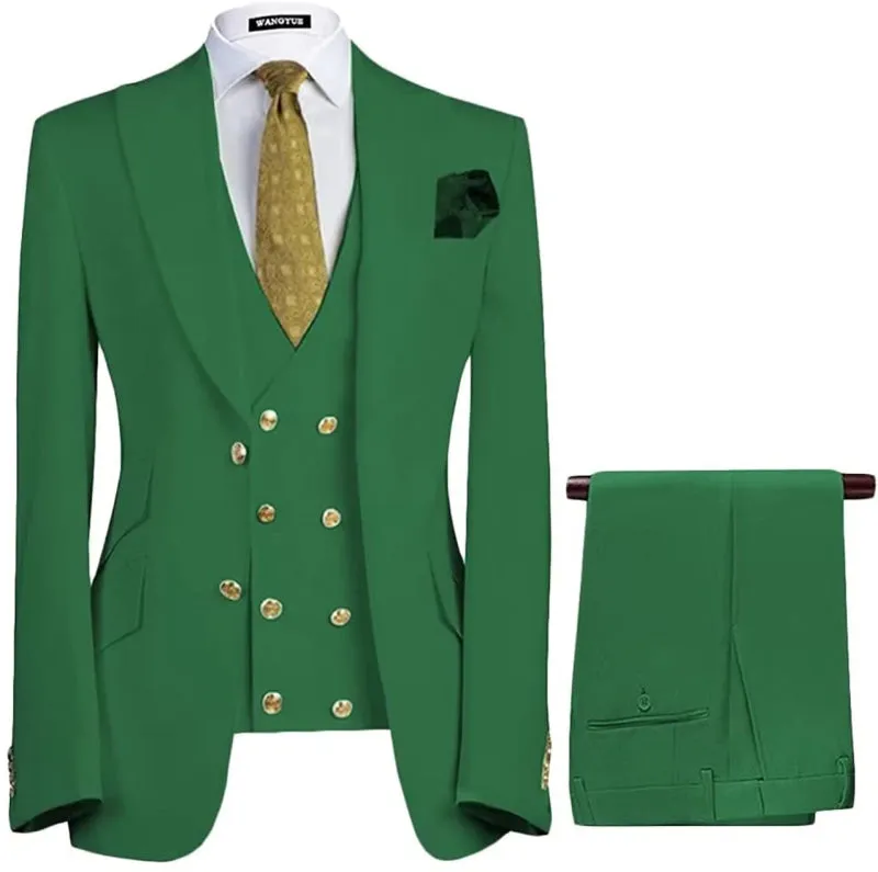 Modern Emerald Green Peaked Lapel Three Pieces Prom Suits For Men