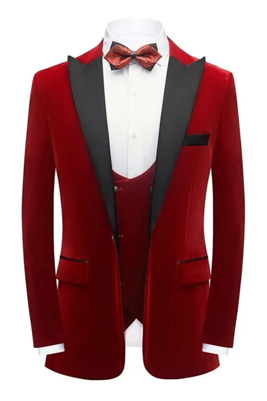 Modern Red Three Pieces Velvet Prom Suits Peaked Lapel Tuxedo Jacket Vest Pants