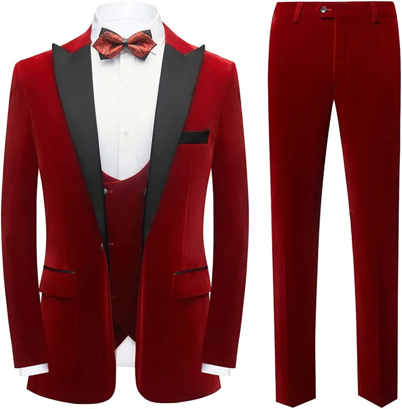Modern Red Three Pieces Velvet Prom Suits Peaked Lapel Tuxedo Jacket Vest Pants