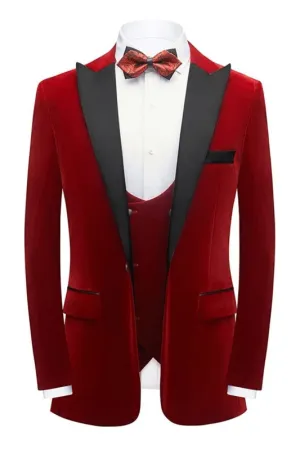 Modern Red Three Pieces Velvet Prom Suits Peaked Lapel Tuxedo Jacket Vest Pants