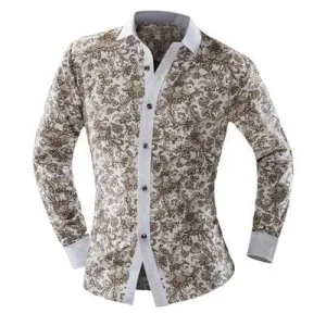 Modern Style Slimming Shirt Collar Chinese Flower Print Color Block Men's Long Sleeves Shirt - M