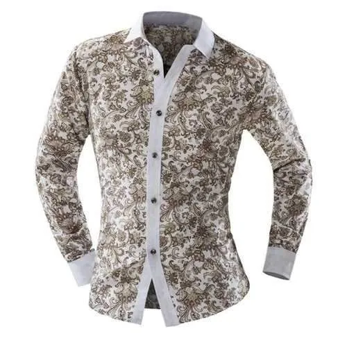 Modern Style Slimming Shirt Collar Chinese Flower Print Color Block Men's Long Sleeves Shirt - M