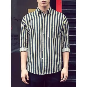 Modish Slimming Shirt Collar Color Block Vertical Stripe Long Sleeve Polyester Shirt For Men - Sapphire Blue M