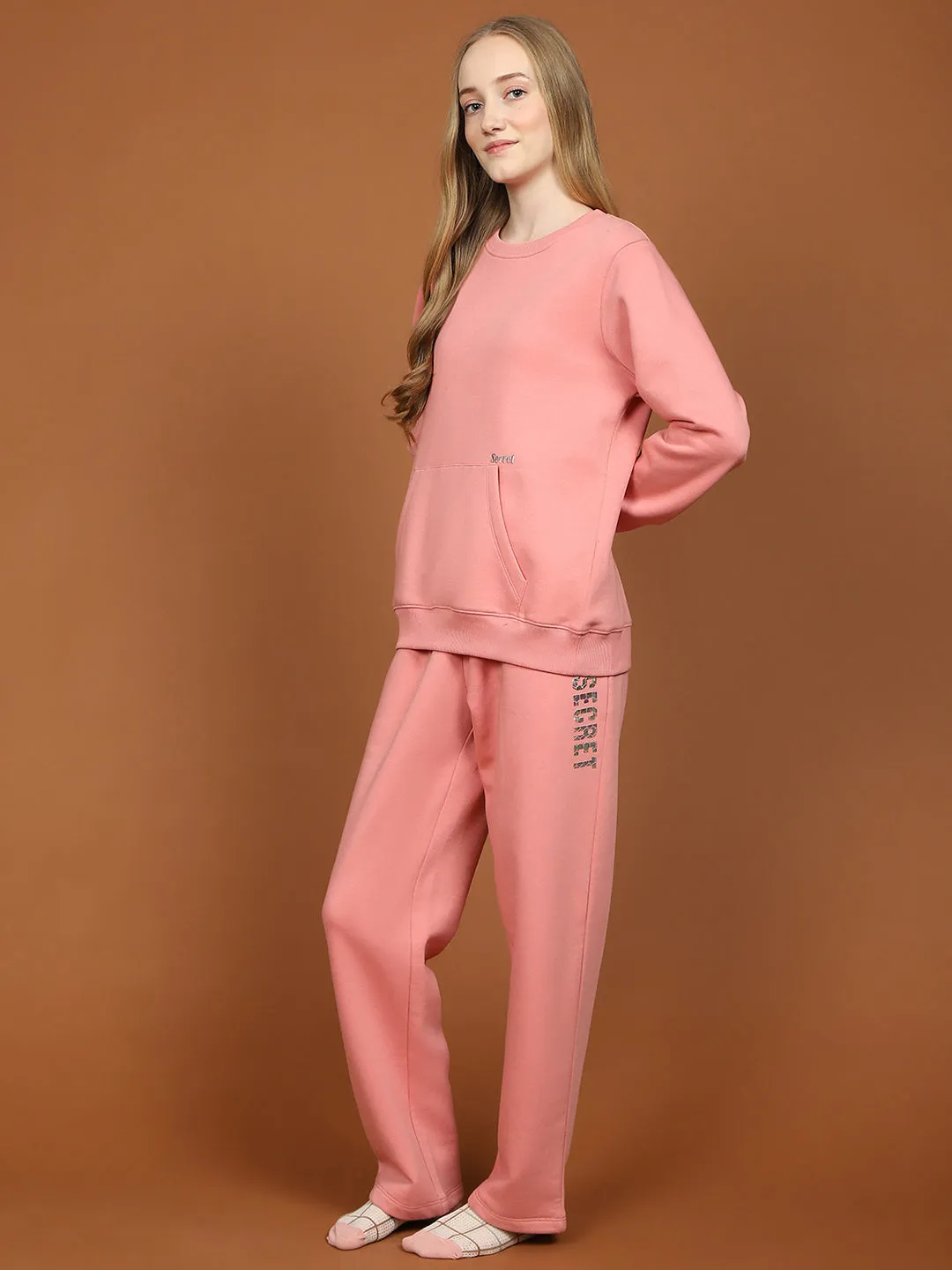 mSECRET Fleece Printed Round Neck Top and Bottom Pink Night Suit