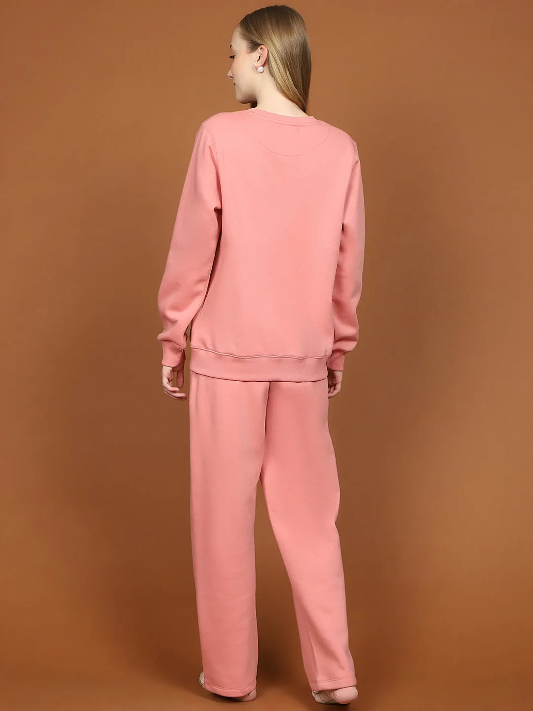 mSECRET Fleece Printed Round Neck Top and Bottom Pink Night Suit