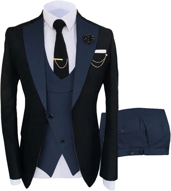 Navy Blue Shawl Lapel Three Pieces Prom Suits Formal Business Suits