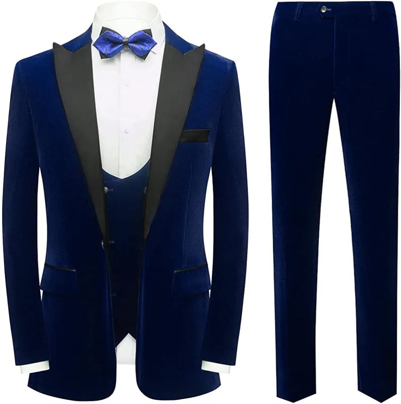 Navy Blue Three Pieces Velvet Men Prom Suits Black Peaked Lapel Wedding Party Groom Suits