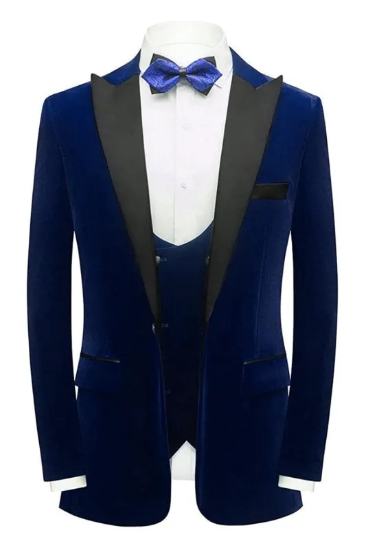 Navy Blue Three Pieces Velvet Men Prom Suits Black Peaked Lapel Wedding Party Groom Suits