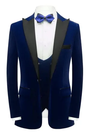 Navy Blue Three Pieces Velvet Men Prom Suits Black Peaked Lapel Wedding Party Groom Suits