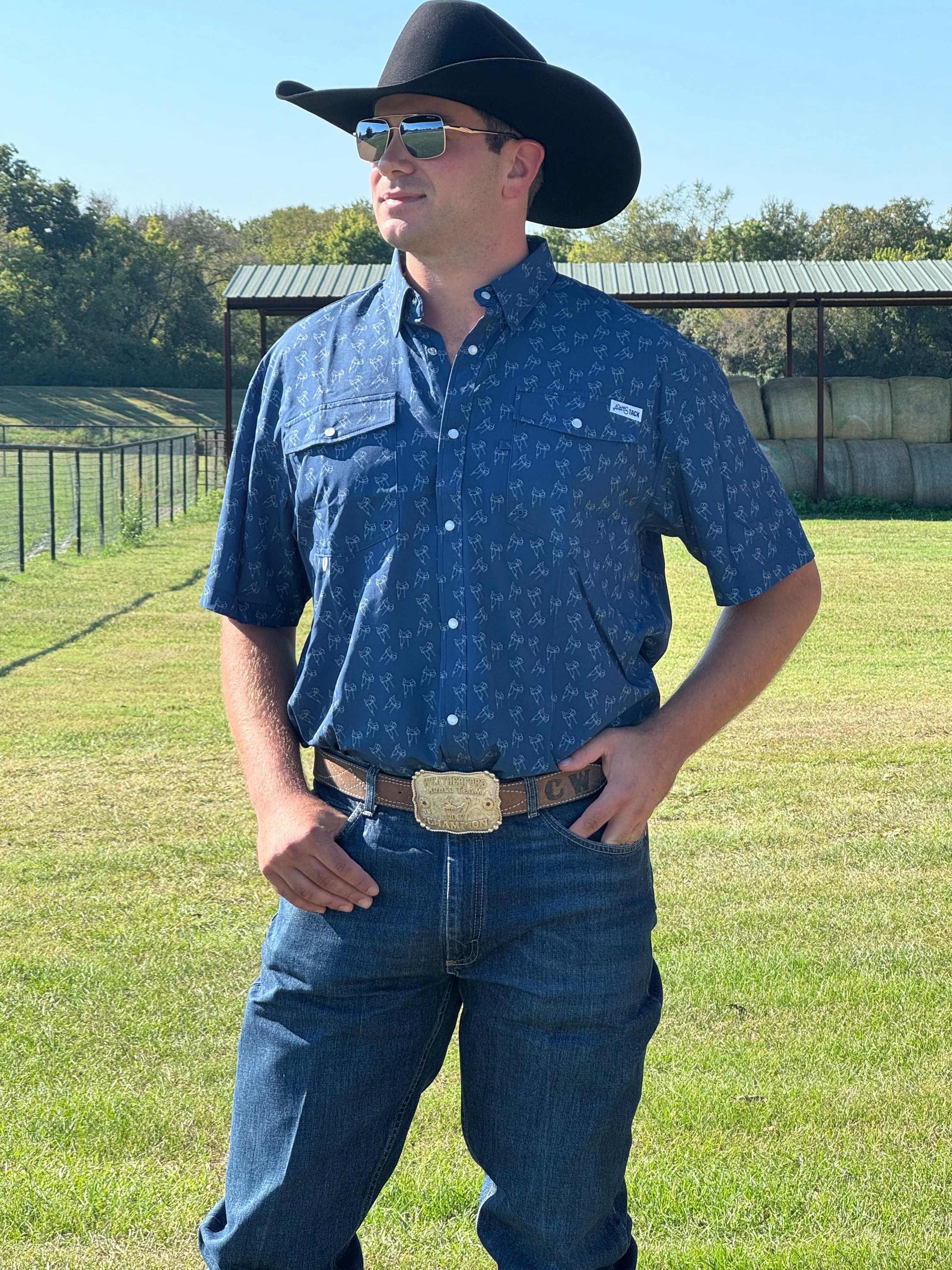 Navy Saddles SS Pearl Snap Fishing Shirt