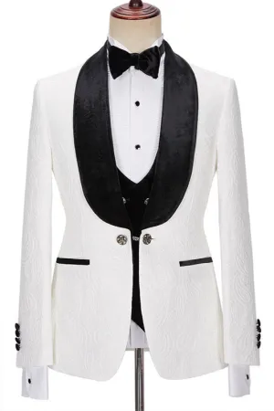 New in White Jacquard Three Pieces Wedding Men Suits with Velvet Lapel
