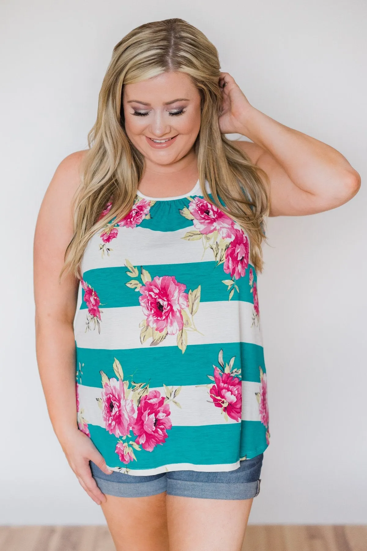 New Places To Be Floral & Striped Tank Top- Teal