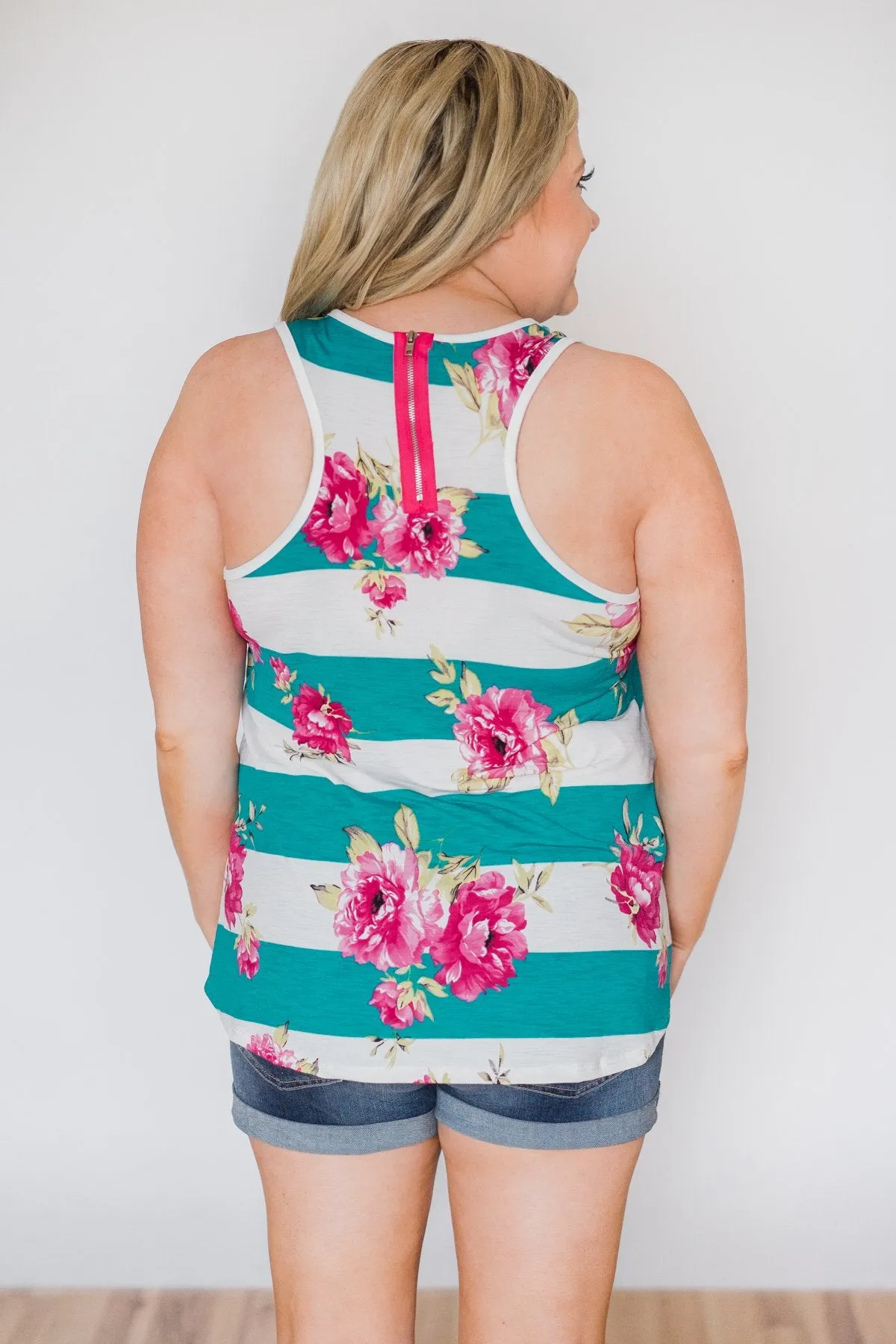 New Places To Be Floral & Striped Tank Top- Teal