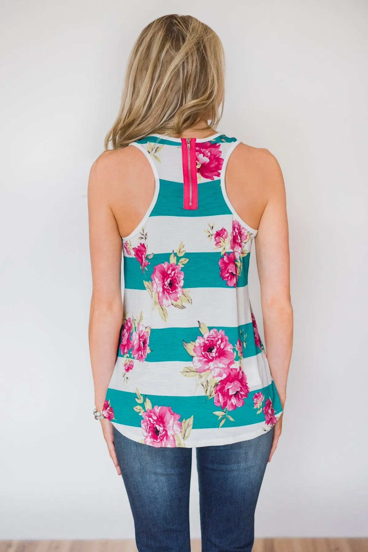 New Places To Be Floral & Striped Tank Top- Teal