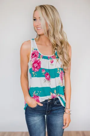 New Places To Be Floral & Striped Tank Top- Teal