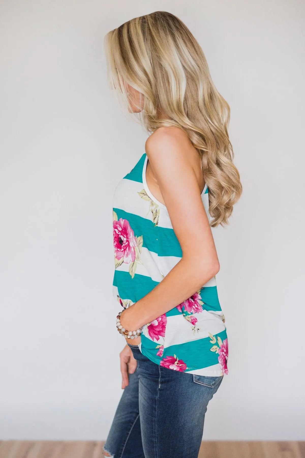 New Places To Be Floral & Striped Tank Top- Teal