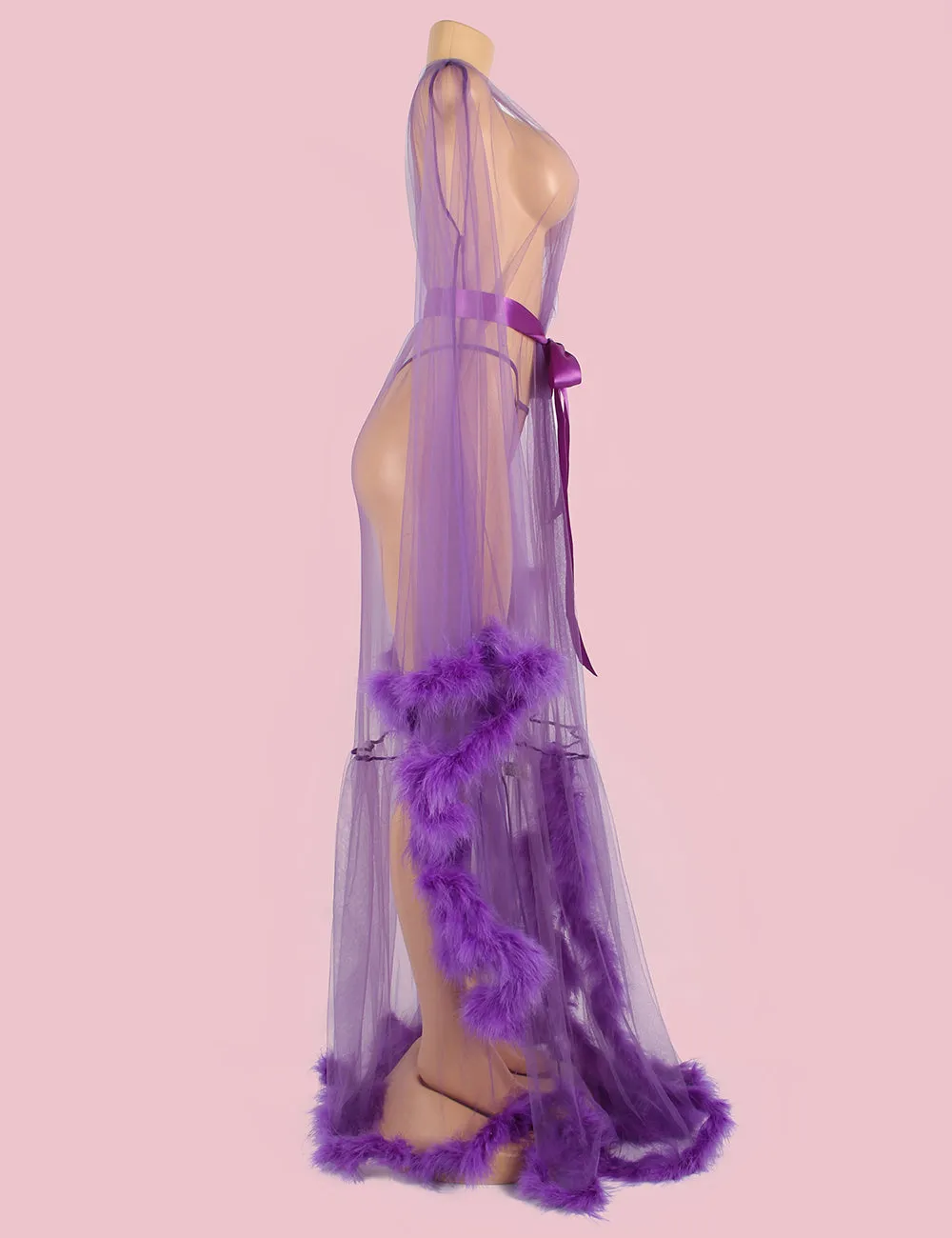 New Sexy Plush Edging Mesh Wide Sleeves Robe With Belt