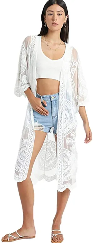 New WKLZAQI Women's Sexy Summer Lace Cardigan Kimono Crochet Swimsuit Cover Ups, One size!