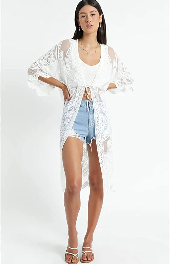 New WKLZAQI Women's Sexy Summer Lace Cardigan Kimono Crochet Swimsuit Cover Ups, One size!