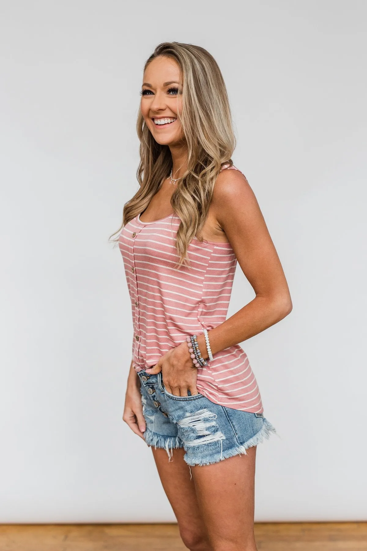 No Matter What Striped Button Tank Top- Mauve