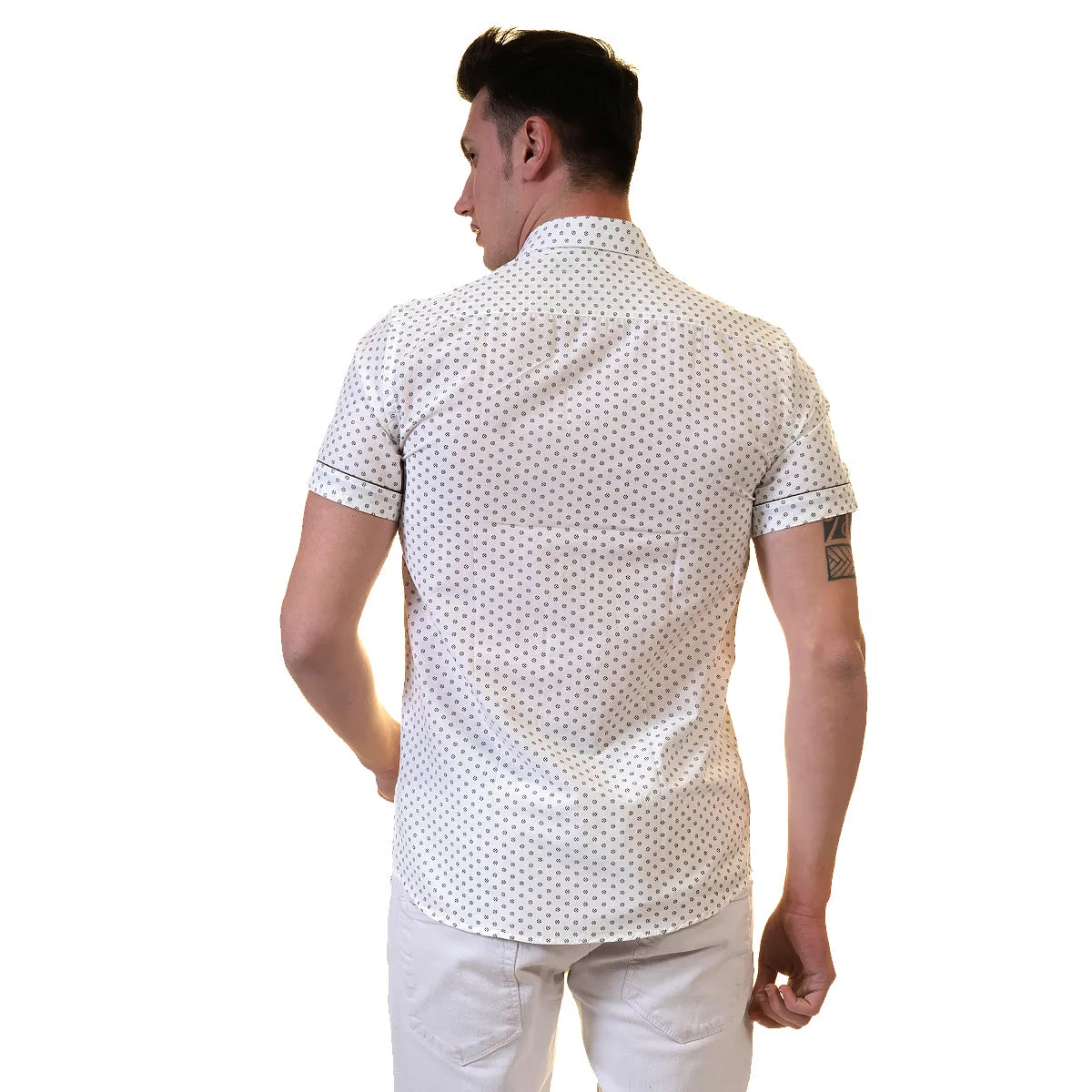 Off White Doted Mens Short Sleeve Button up Shirts - Tailored Slim Fit Cotton Dress Shirts