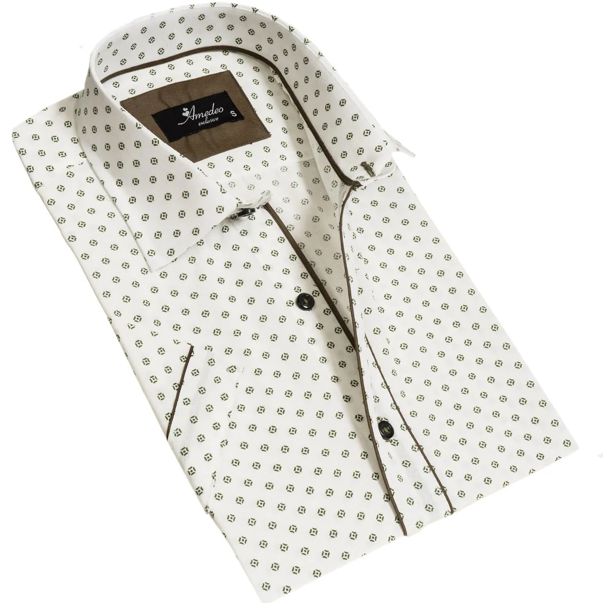 Off White Doted Mens Short Sleeve Button up Shirts - Tailored Slim Fit Cotton Dress Shirts