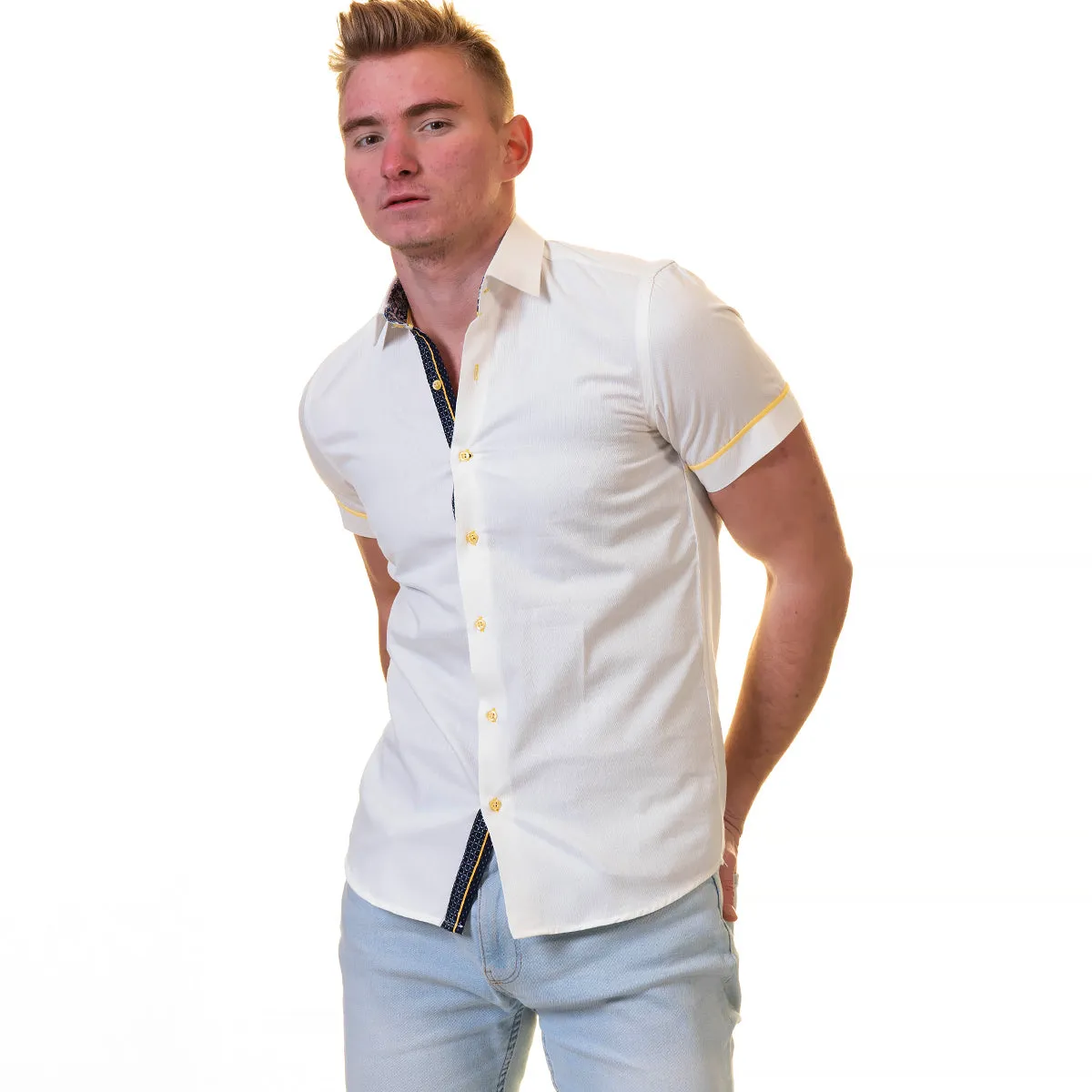 Off White Short Sleeve Button up Shirts for Men - Tailored Slim Fit Cotton Dress Shirts