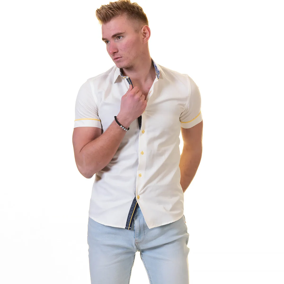 Off White Short Sleeve Button up Shirts for Men - Tailored Slim Fit Cotton Dress Shirts
