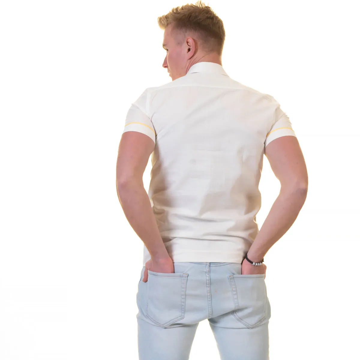 Off White Short Sleeve Button up Shirts for Men - Tailored Slim Fit Cotton Dress Shirts