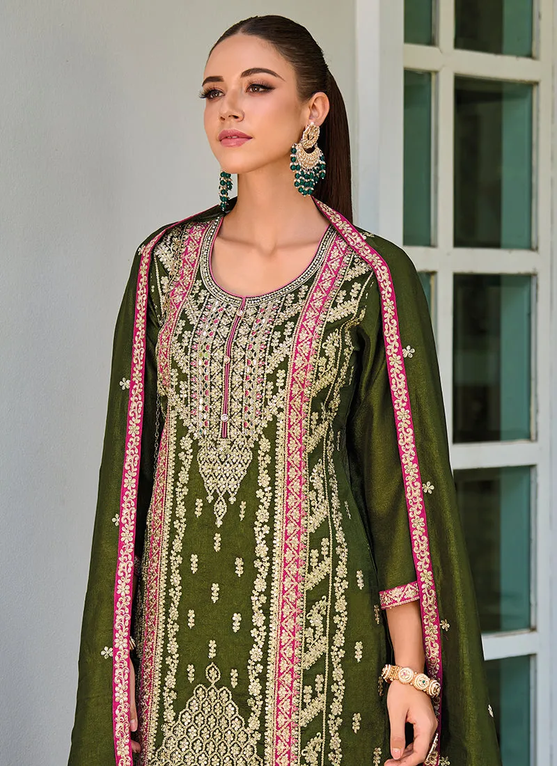 Olive Green Multicolored Embroidery Pakistani Suit