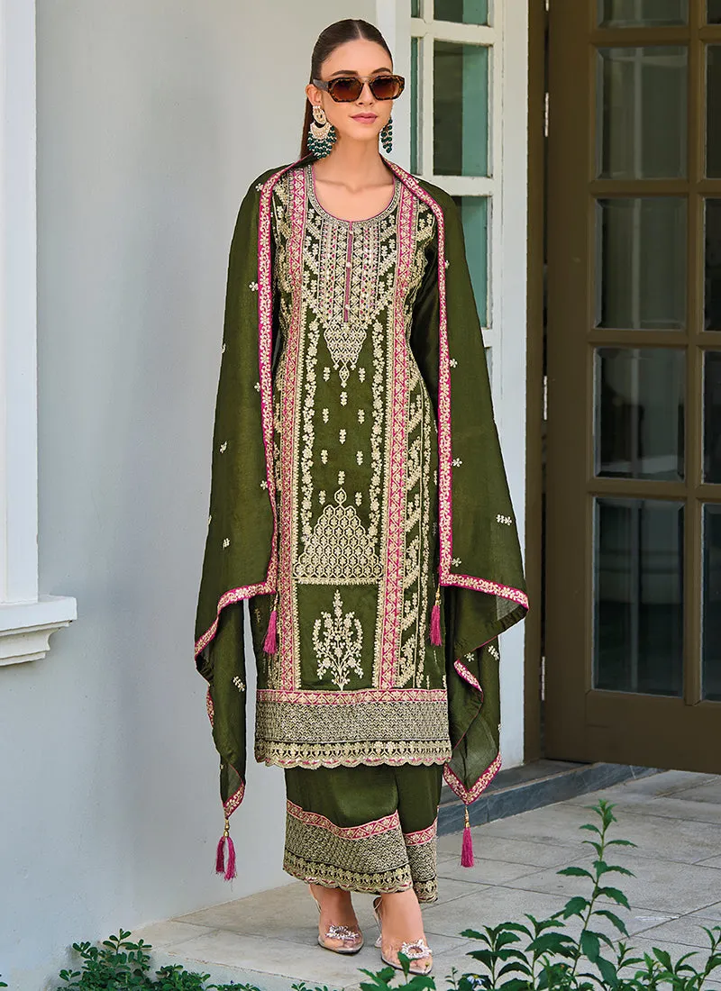 Olive Green Multicolored Embroidery Pakistani Suit