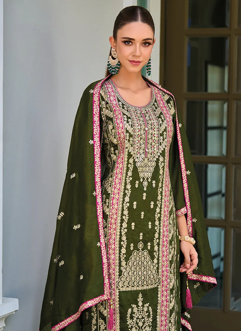 Olive Green Multicolored Embroidery Pakistani Suit