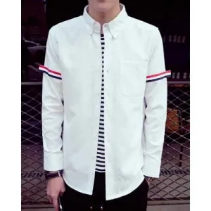 One Pocket Striped Braid Spliced Long Sleeves Button-down Shirt For Men - White Xl