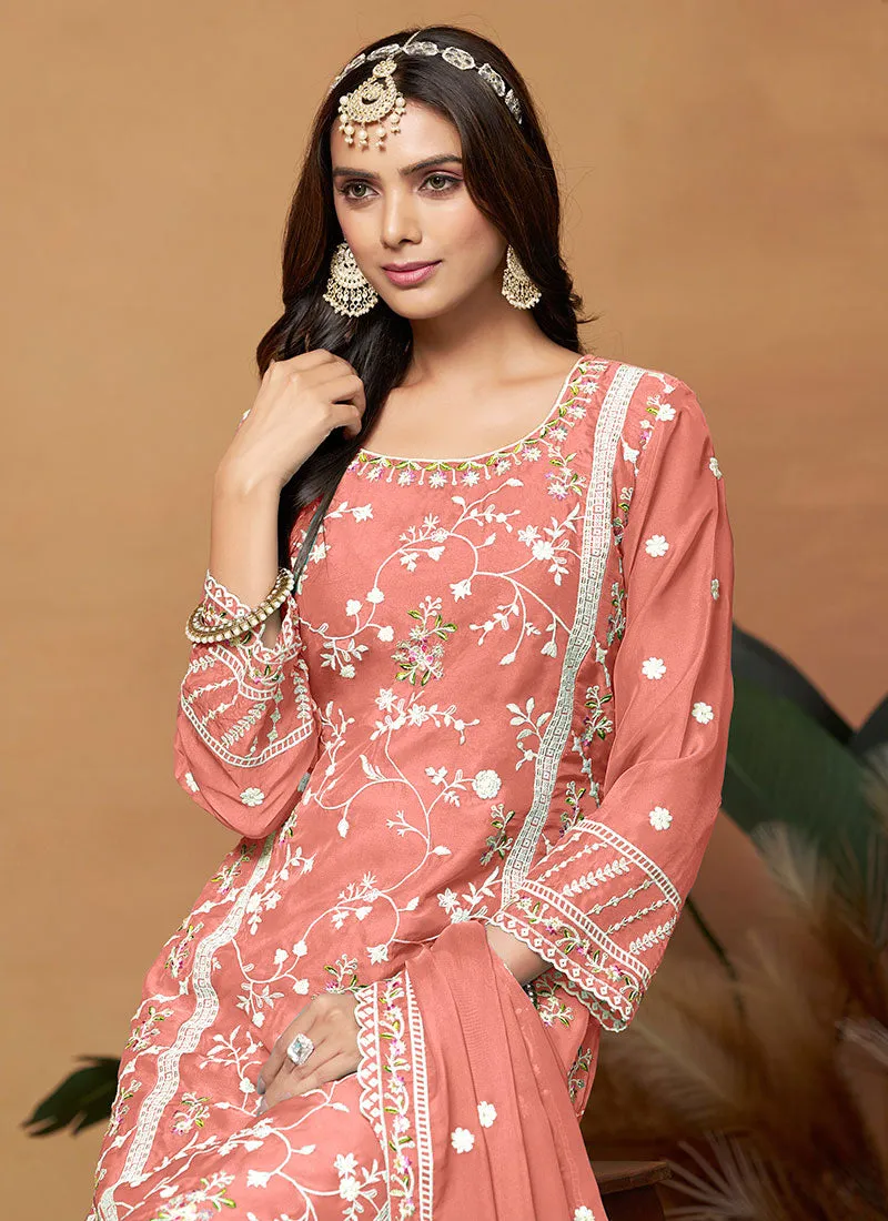 Peach Thread Embroidery Organza Salwar Suit