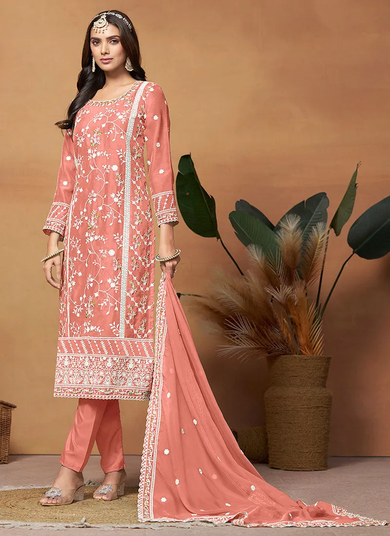 Peach Thread Embroidery Organza Salwar Suit