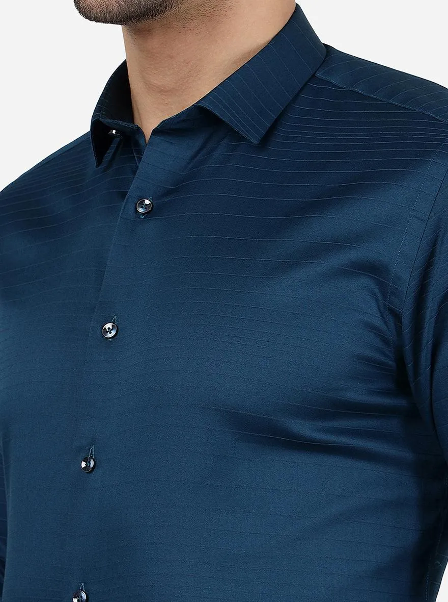 Peacock Blue Striped Slim Fit Party Wear Shirt | Greenfibre