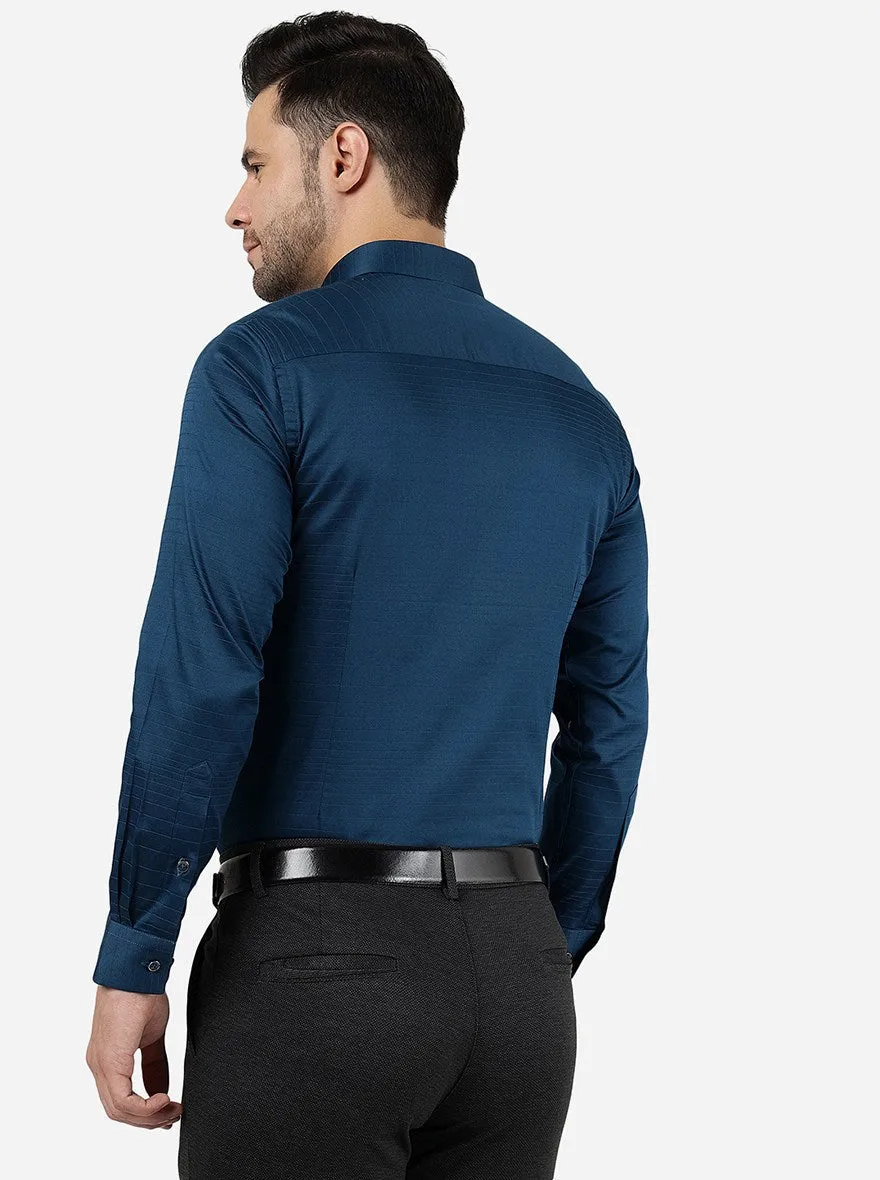 Peacock Blue Striped Slim Fit Party Wear Shirt | Greenfibre