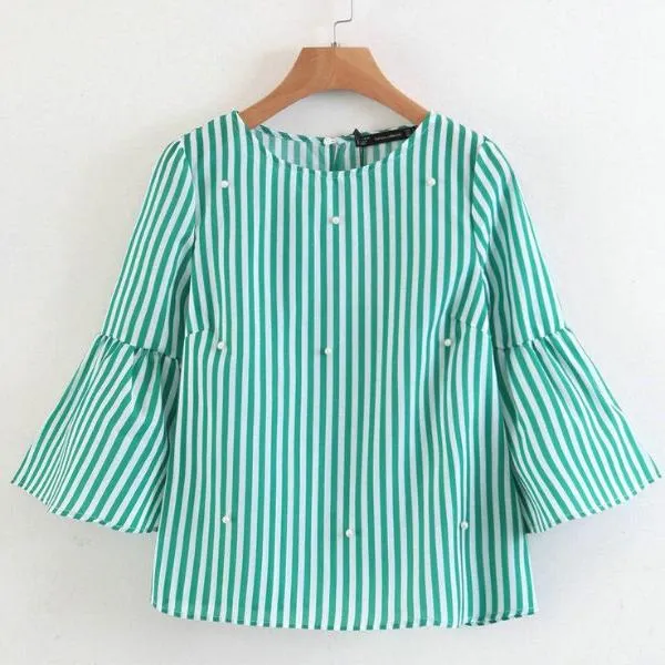 Pearls Beading Striped Shirts
